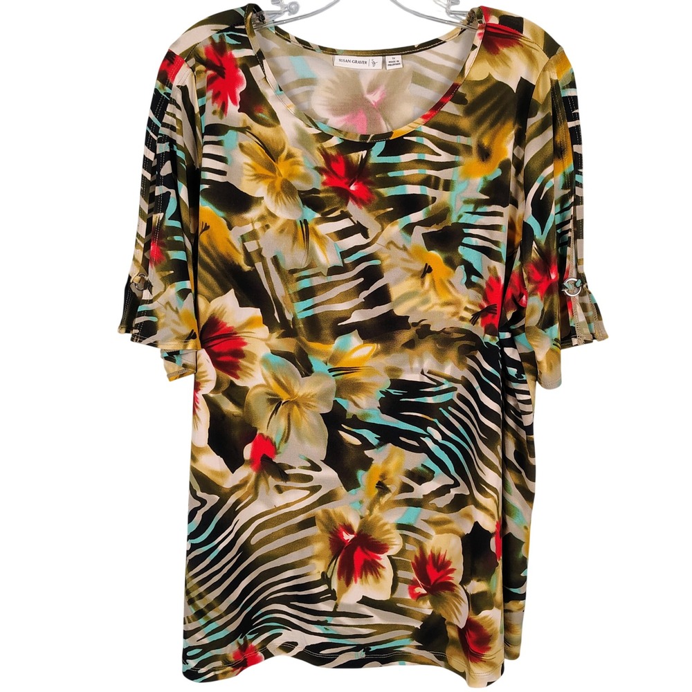 Susan Graver Womens 1X Tropical Floral Zebra Print Top Multicolor Boho Y2K